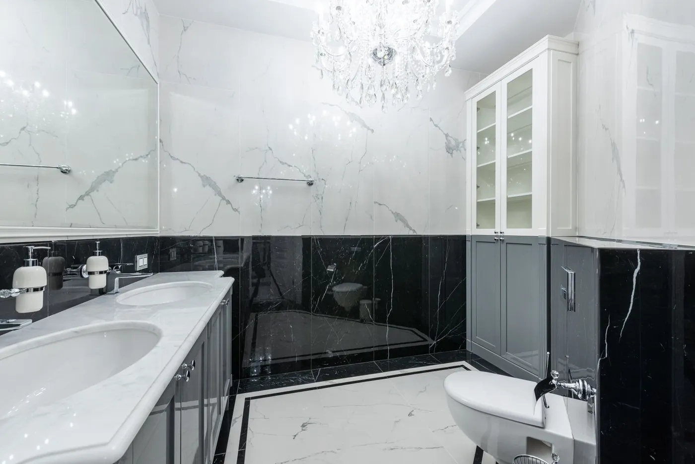 Luxury marble bathroom with detailed stone tilework